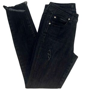 Leith Brand Woman’s Black Mid-Rise Skinny Stretch Jeans w/ Frayed Ankle Hem